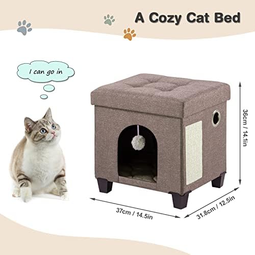 BRIAN & DANY Collapsible Cat Cave for Indoor Cats, Multifunctional Cube Cat House with Cat Scratch Board & Ball, 37x 31.8 x 36 cm, Brown