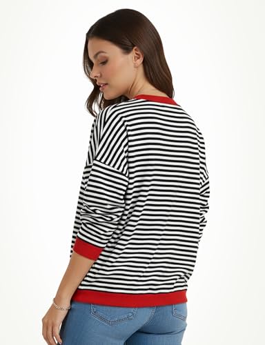 Image of Buauty Womens Long Sleeve Crewneck Knitted Striped Sweaters Casual Color Block Drop Shoulder Pullover 2025 Trendy Tops