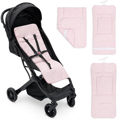 Colchoneta Silla Paseo Universal Primavera Verano Funda Carrito Bebe 100% Algodon Transpirable Apta Silla Inglesina Suave Carro Bebe Altura Ajustable Hombros y Cintura Antideslizable (Vichy Rosa)