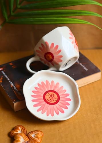 Image of WEAVING HOMES Handcrafted CeramicFlower Mug & Dessert Plate (Set of 2, Multicolor) - Coffee Mugs and Dessert Plates for Birthday Gifts, Mugs for Office and Travel