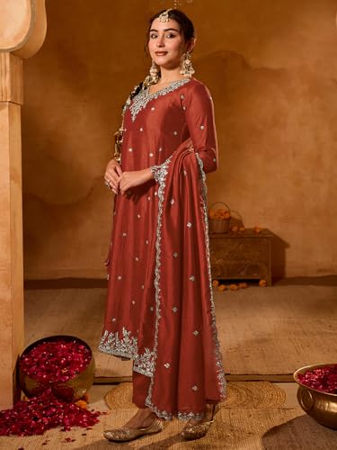 Image of Naixa Women's Vichitra Silk Embroidered A-Line Kurta with Pant and Dupatta Sets (NX-845)
