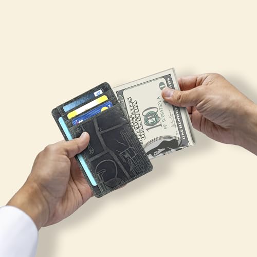 Image of Oak Leathers Leather Slim Minimalist Wallet for Men & Women RFID Front Pocket Leather Card Holder Wallets (Egyptian Green)