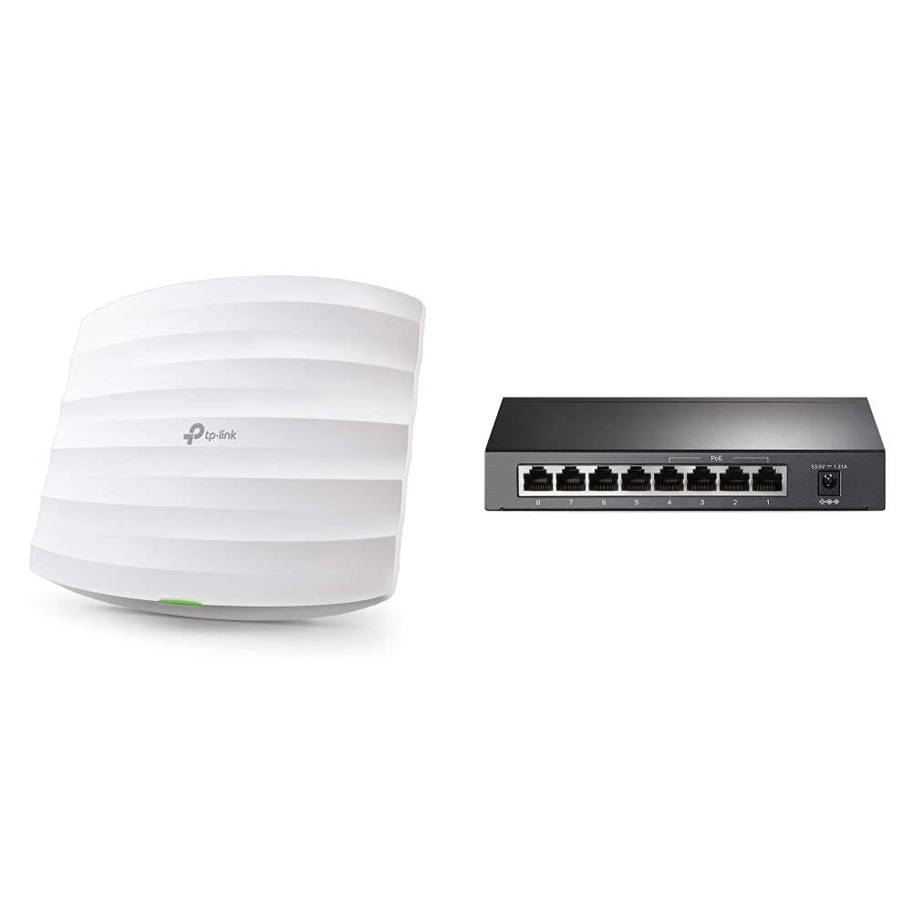 TP-Link Omada EAP225 Point d'accès WiFi 5 AC1350 planfonier, 2 Ports Ethernet Gigabit Support PoE+, Itinérance Transparente, Omada Mesh & PoE Switch 8-Port Gigabit, 4 PoE+ Ports up to 30 W