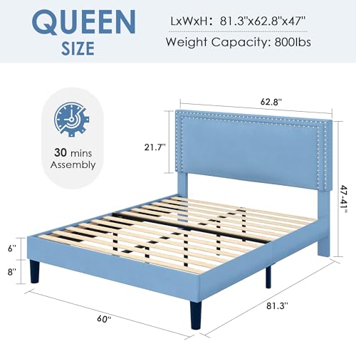Image of VECELO Queen Size Platform Bed Frame with Height Adjustable Upholstered Headboard, Modern Mattress Foundation,Strong Wood Slat Support, No Box Spring Needed, Easy Assembly,Light Blue