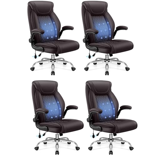 Image of BestGlory Executive Office Chair with Lumbar Support, Big and Tall Ergonomic Computer Desk Chair, Leather Comfy High Back Gaming Chair with Flip Up Arms & Rocking Function for Home Office, Coffee