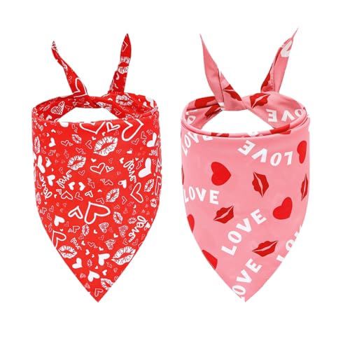 Valentine's Day Dog Bandanas, LMSHOWOWO 2 Pack Double Layer Reversible Triangle Valentines Day Dog Bandana, Love Valentine's Day Dog Scarf Pet Bandana for Medium Large Dogs?Large, Valentine's Day?