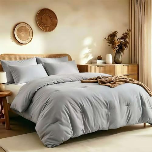 Image of Quataly Oversized King Comforter Set Prewashed Lightweight Quilted Bedding | 3PCS Light Grey Breathable Down Alternative Bedding Set with 1 Solid Comforter (120 inchx98 inch) and 2 Soft Pillowcases