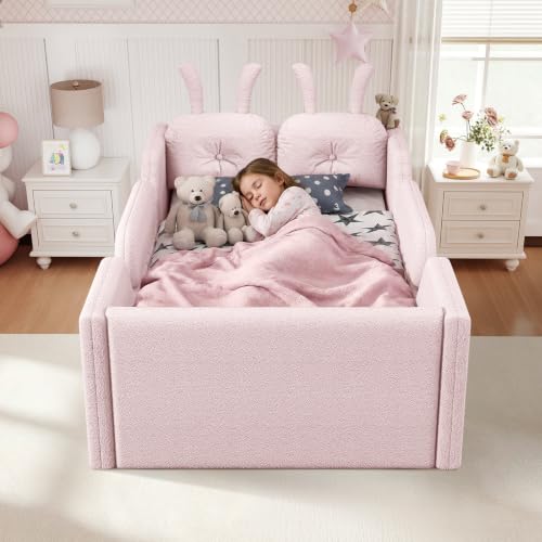 Image of Twin Bed Frame for Kids, Floor Platform Bed Rabbit, Pink
