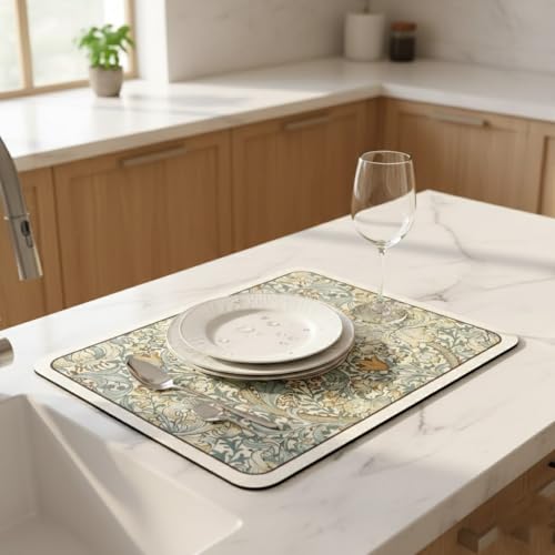 Image of HomeCloud Super Absorbent Dish Drying Mat for Kitchen Counter - Non-Slip, Heat-Resistant Rack Pad - Hides Stains, Ideal for Dishes, Coffee Maker & Kitchen Appliances (Beige Botanica, 50x40 cm)