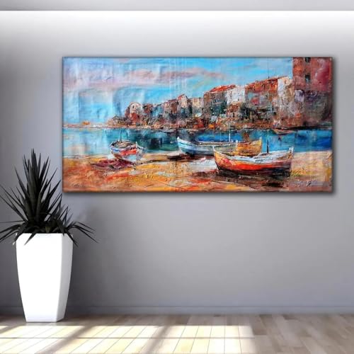 Peinture à l'huile de bateau sur toile paysage marin 30x60cm sans cadre pour salon