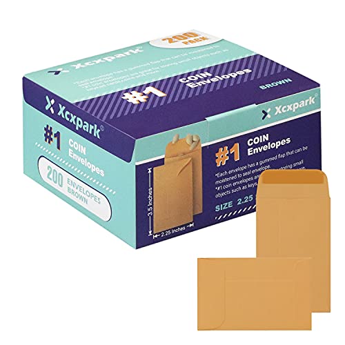 Xxcxpark 200PCS #1 Coin Envelopes 2.25x3.5 inches Brown Kraft Envelopes Classic Small Parts Gummed Flap for Coins, Cash, Credit Cards, Seeds