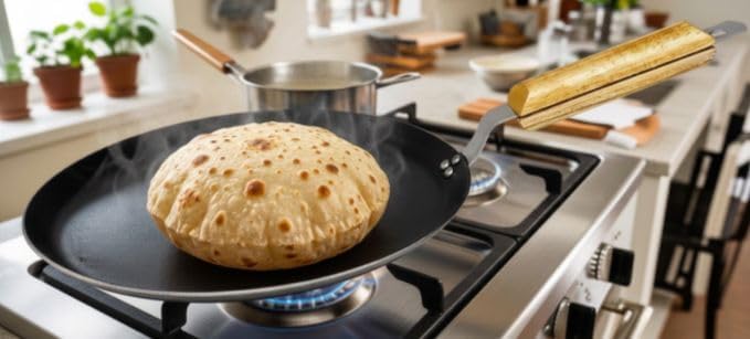 Boderwalla Black Iron Round Dosa Tawa with Wooden Handle | Heavy Gauge Pre-Seasoned Iron Tawa for Dosa, Roti, Chapati, Uttapam & Paratha | Even Heat Flat Griddle for Gas Stove