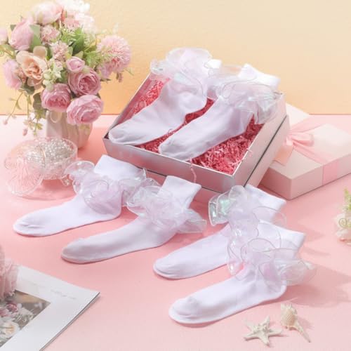 Image of Geyoga 3 Pairs Women Big Ruffle Socks Turn Cuff, Double Lace Ankle Cotton Frilly Socks for Ladies Summer