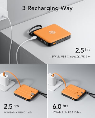 Image of Portable Charger USB C for iPhone, 10000mAh Power Bank with Built-in Cables | 22.5W Fast Charging, LED Display, Slim, for iPhone 17 Pro Max & 16 /15 Series (Orange)