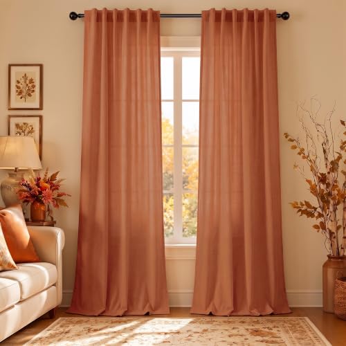 Pitalk Terracotta Curtains 84 Inches Long for Living Room Back Tab Rod Pocket Fall Drapes Semi-Sheer Boho Linen Home Decor Western Curtains for Bedroom 2 Panels Rust Colored