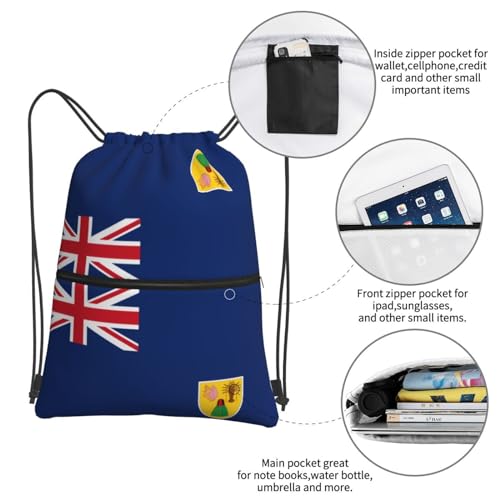 Flag Of The Turks And Caicos Islands Drawstring Zipper Backpack - Versatile, Durable, And Stylish Design For Everyday Use, Black4