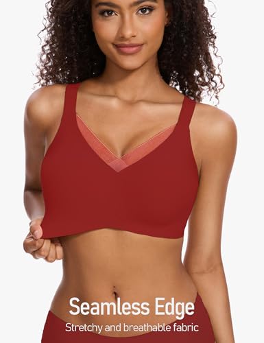Image of Womens Lace Seamless Bra Wireless Full Coverage Push Up Bras for Women No Underwire Comfortable Bralettes, Red, M