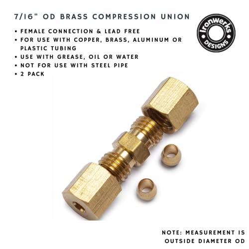 Ironwerks 7/16" Od Tube Both Ends Lead-Free Brass Compression Union Fitting, Use With Copper, Aluminum, Plastic Tubing, Watertight Seal Waterlines Or Air Pneumatic Lines- 2 Pack #TOP1