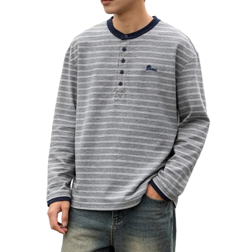 Camiseta a rayas para hombre de algodón con botones y manga larga