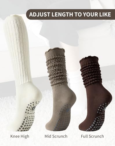 Image of Yawlsow Pilates Socks with Grips for Women Yoga Ruffle Grippy Non Slip Long Slouchy Scrunch Socks for Barre Workout Hospital