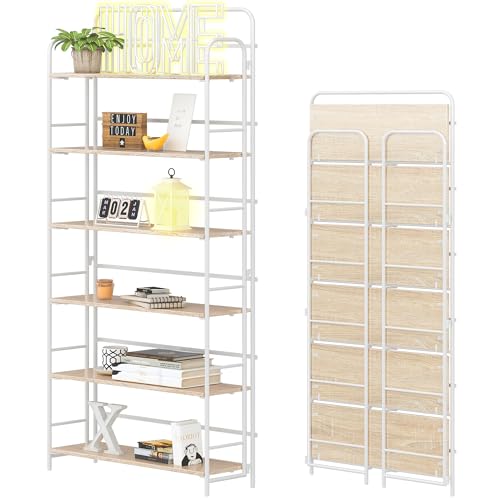Image of 4NM No Assembly Folding Bookshelf, 6 Tiers Collapsible Book Shelves Open Industrial Foldable Storage Bookcase Shelf for Bedroom, Living Room, Home Office - Natural and White