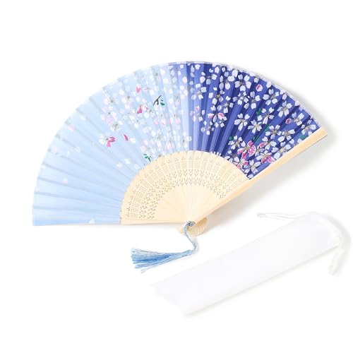 FULEI Éventail pliable en bambou pour femme - Pour se rafraîchir l'été - Tissu de soie avec pompon et pochette en velours