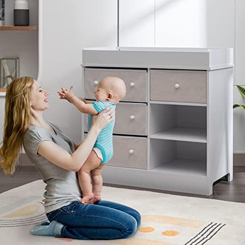 Baby Changing Table, Changing Table Dresser with Changing Top, 4 Drawers and 2 Shelves, Infant Baby Diaper Changing Station for Nursery Bedroom Living Room, Baby Storage Organizer (White)