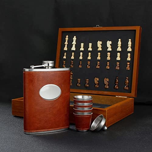 Image of Iktu Wooden Chess 235ml Brown Leather Hip Flask Set - Stainless Steel Flasks with Funnel and 4 Shot Glasses Gift Box