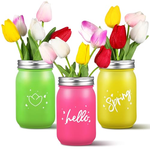 Hotop 15 Pcs Spring Decorations Tulips with 3 Mason Jar Table Centerpiece Multicolor Artificial Tulip Flowers Mason Jar Decoration Potted Tulips Flower for Office Wedding Party Floral Decorations