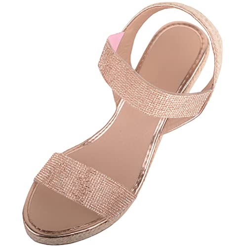 Image of ABSOLUTE FOOTWEAR Womens Elasticated Diamante Summer Holiday Wedged Woven Heel Sandals - Rose Gold - UK 6 / EU 39