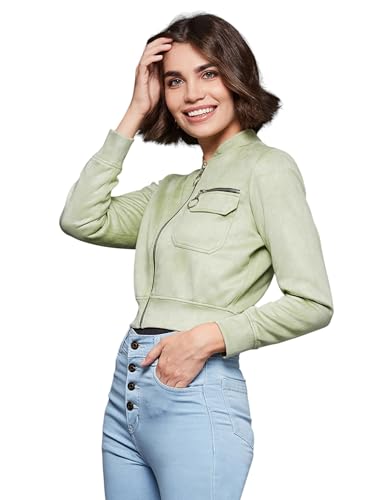 Image of Miss Chase Women's Off White V-Neck Full Sleeves Bomber Cropped Jacket