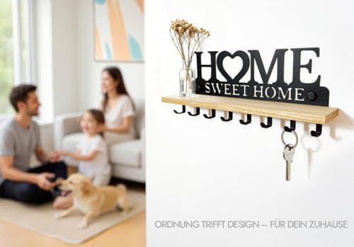 SirHoldeer Schlüsselbrett mit Ablage aus Echtholz & Metall | Wandorganizer mit 8 Haken für den Flur | Home Sweet Home Design zur Wandmontage