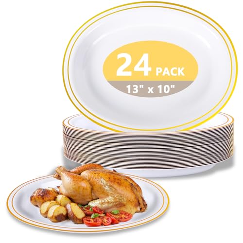 YOUBET 24PCS Oval Plastic Plates - 13 inch Super Strong White and Gold Disposable Platters, Heavy Duty Serving Trays for BBQ, Picnic, Party, Wedding, Thanksgiving YOUBET 24PCS Oval Plastic Plates - 13 inch Super Strong White and Gold Disposable Platters, Heavy Duty Serving Trays for BBQ, Picnic, Party, Wedding, Thanksgiving