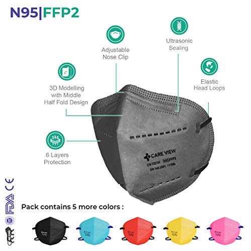 Image of Careview N95 CV1221H Unisex Non-Woven Fabric Head Loop Style Protective N95 Face Mask with Nose Bridge Sponge, 6 Layered Filtration Without Valve (Black, Grey, Yellow, Pink, Red and Blue) - Pack of 6