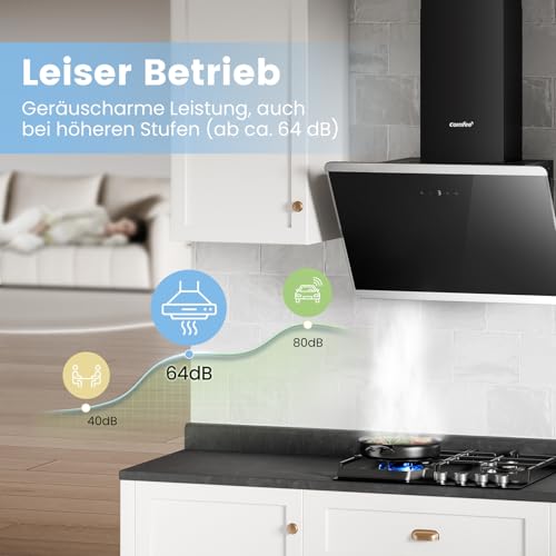COMFEE' CH60J64ET4A2B A++ Dunstabzugshaube 60 cm, Kopffreihaube 60cm Umluft und Abluft, 380m³/h Luftstrom, Edelstahl/Glas Design mit Touchscreen, LED, Abzugshaube inkl. Kohlefilter, Schwarz