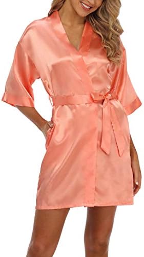 Old-Times Women's Pure Color Silk Kimono Short Robes for Bridesmaids and Bride,orange s