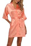 Old-Times Women's Pure Color Silk Kimono Short Robes for Bridesmaids and Bride,orange s