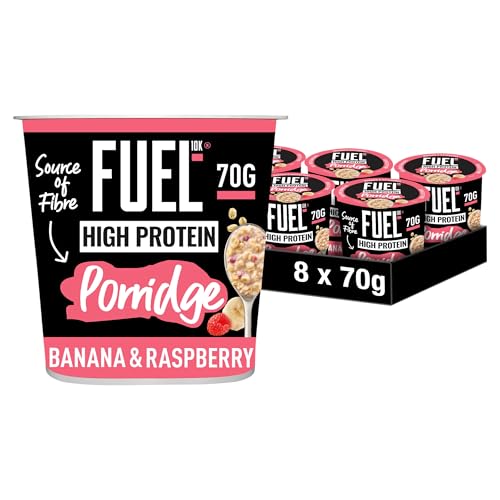 FUEL10K High Protein Banana & Raspberry Porridge Pot, 13g Protein, Source of Fibre, 70g (Pack of 8)