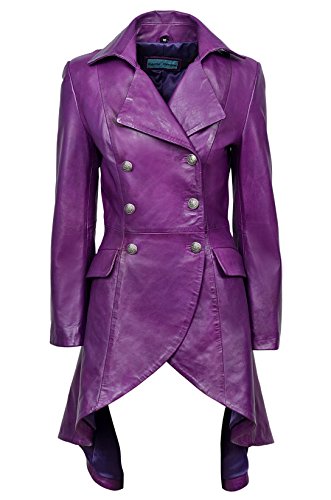 Manteau gothique en cuir véritable violet pour femmes au dos lacé Edwardian