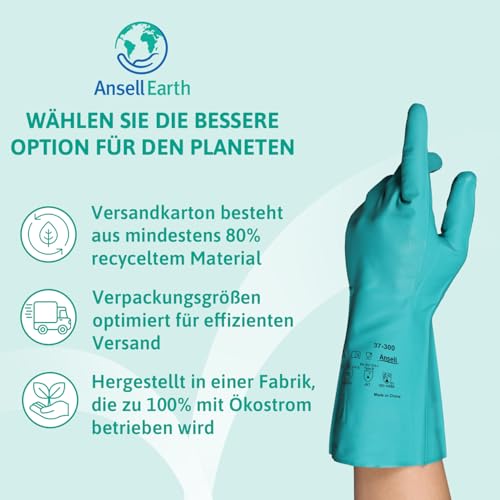 Ansell AlphaTec 37-300 Mehrzweckhandschuhe aus Nitril, Chemikalienschutz, Lebensmittel Geeignet, Wiederverwendbare Nitrilhandschuhe, Hausputz, Haushalt, Kochen, Grün, Größe L (12 Paar)