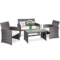 Tangkula 4 PCS Wicker Patio Conversation Set, Outdoor Rattan Sofas with Table Set, Patio Furniture Set with Soft Cushions & Tempered Glass Coffee Table for Poolside Balcony