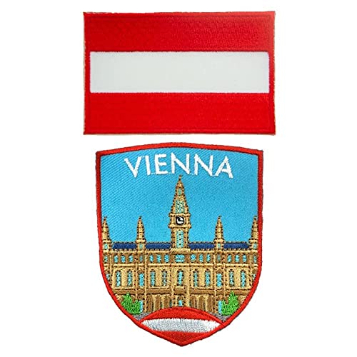 A-ONE 2 PCS Pack- Vienna Landmark Shield Patch+Austria Flag Applique, City of Music, Freud Dream City, Capital City Patch, Wien Souvenir Patch for Clothes Bags Laptops, Sew on Iron on Stick on NO.269C