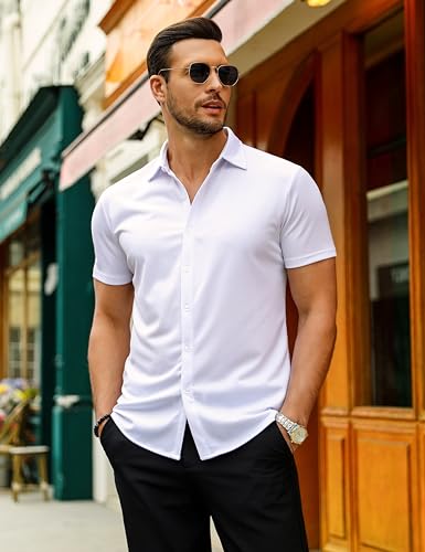 URRU Men's Muscle Dress Shirts Slim Fit Stretch Wrinkle Free Short Sleeve Casual Button Down Shirts White L - Thumbnail 3