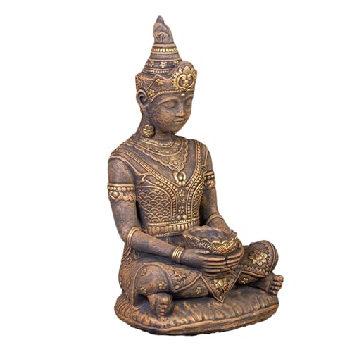 gartendekoparadies.de Thailändische Buddha Statue, Steinfigur, H. 80 cm, 75 kg, Gold, frostsicher aus Steinguss für Außenbereich