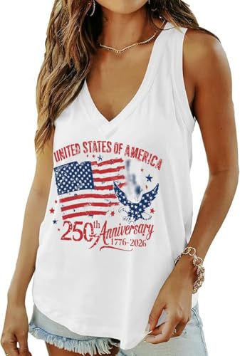 Butovek Women 250th Anniversary Deep-V Neck Tank Top 4th of July Patriotic Shirt 1776-2026 American Flag Graphic Sleeveless Summer Vest Top(L,White04)
