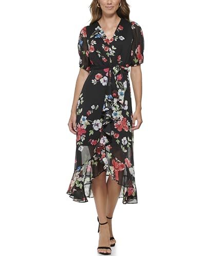 Image of DKNY Women's Ruffle Hem V-Neck Puff Sleeve Dress