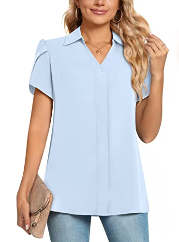 Aodemo Women's Summer Collared V Neck Chiffon Blouse Dressy Business Tunic Petal Short Sleeve Office Shirt Tops for Work L, Light Blue