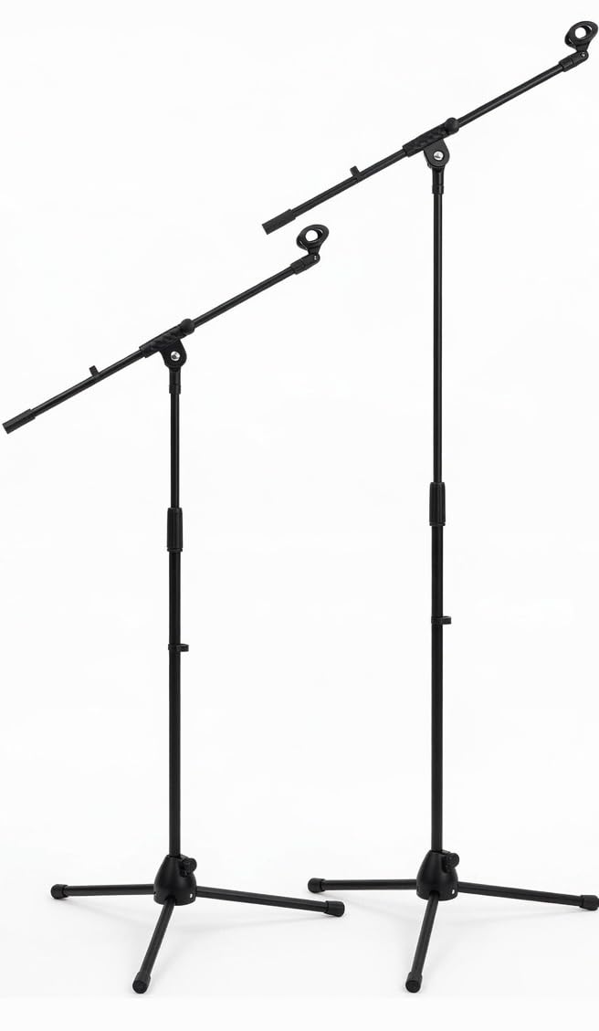 ROCKSTAR - Soporte de Micrófono de Suelo MS80B con Brazo Jirafa 75 cm, Altura Ajustable 85-165 cm, Pie Trípode Estable Base Nylon Antideslizante, Compatible para Estudio, Directo y Podcast