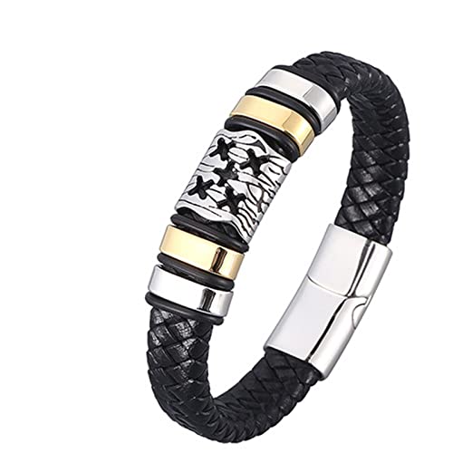 Bracelet de chaîne hommes en acier inoxydable tressé cuir noir avec boucle