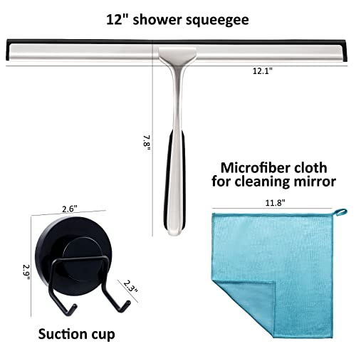 Leverloc Shower Squeegee For Shower Glass Door, Squeegee For Shower Doors, Mirrors, Car Windows, Bathroom Cleaner With 1 Suction Cup Hook Holder & 1 Microfiber Cloth - Stainless Steel, 12 Inch #TOP1